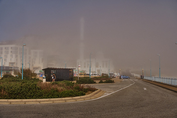 Gibraltar Mosque obscured by sea fog.